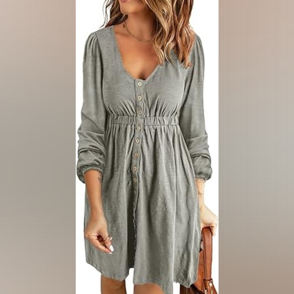 New Grey V-Neck Flowy Dress Lightweight Casual Long‎ Sleeve Day Time Dress 2X